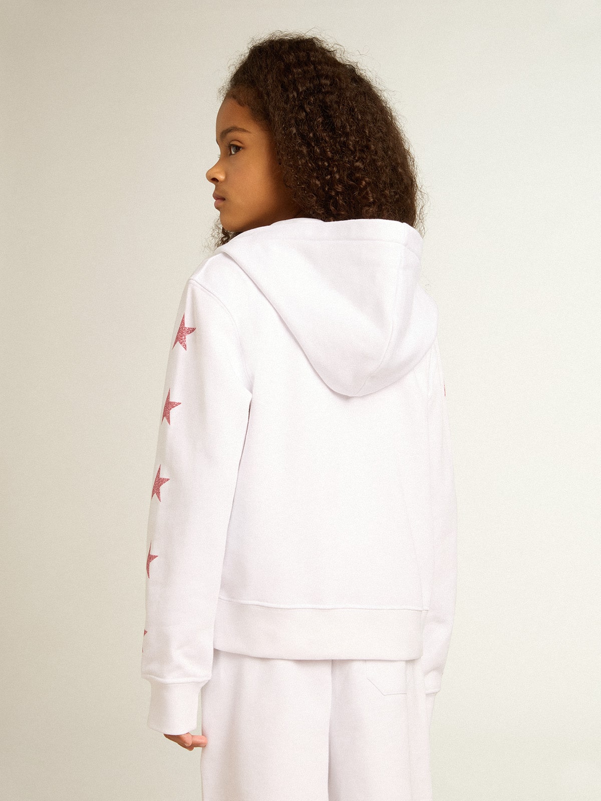 Girls’ zip-up sweatshirt in white with glitter stars on the sleeves - Golden Goose Kids