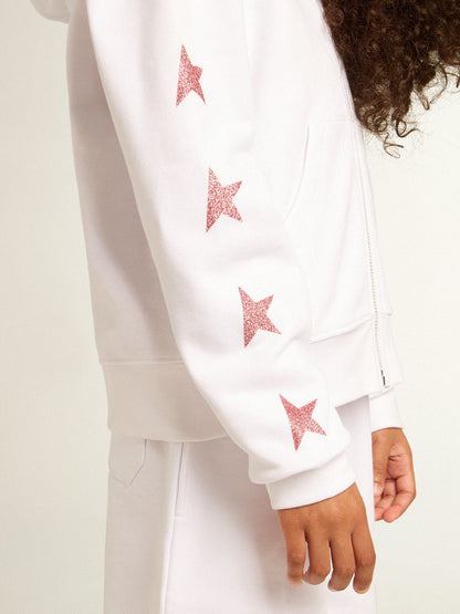 Girls’ zip-up sweatshirt in white with glitter stars on the sleeves - Golden Goose Kids