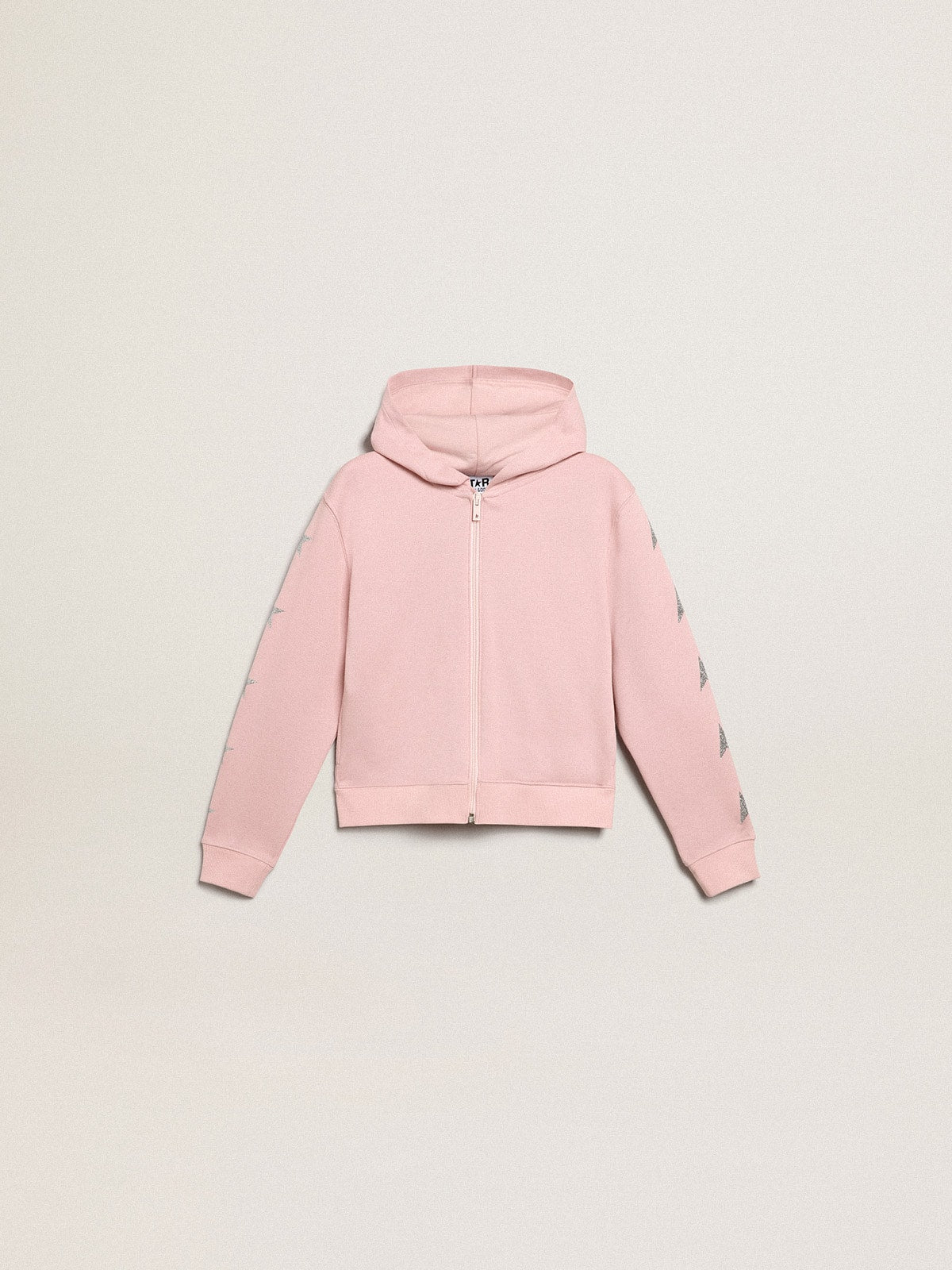 Pink sweatshirt with hood and silver glitter stars - Golden Goose Kids