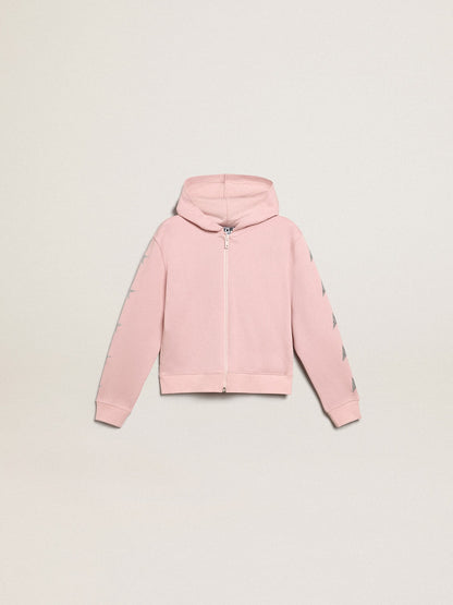 Pink sweatshirt with hood and silver glitter stars - Golden Goose Kids