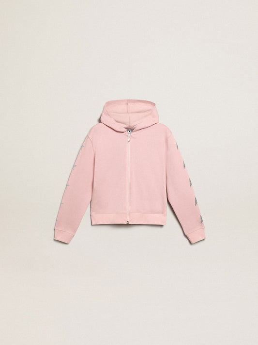 Pink sweatshirt with hood and silver glitter stars - Golden Goose Kids