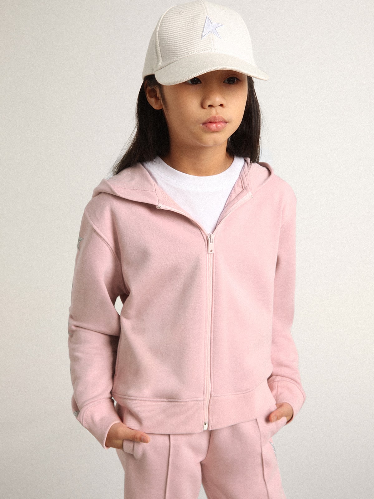 Pink sweatshirt with hood and silver glitter stars - Golden Goose Kids