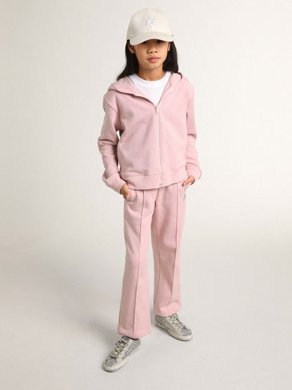 Pink sweatshirt with hood and silver glitter stars - Golden Goose Kids