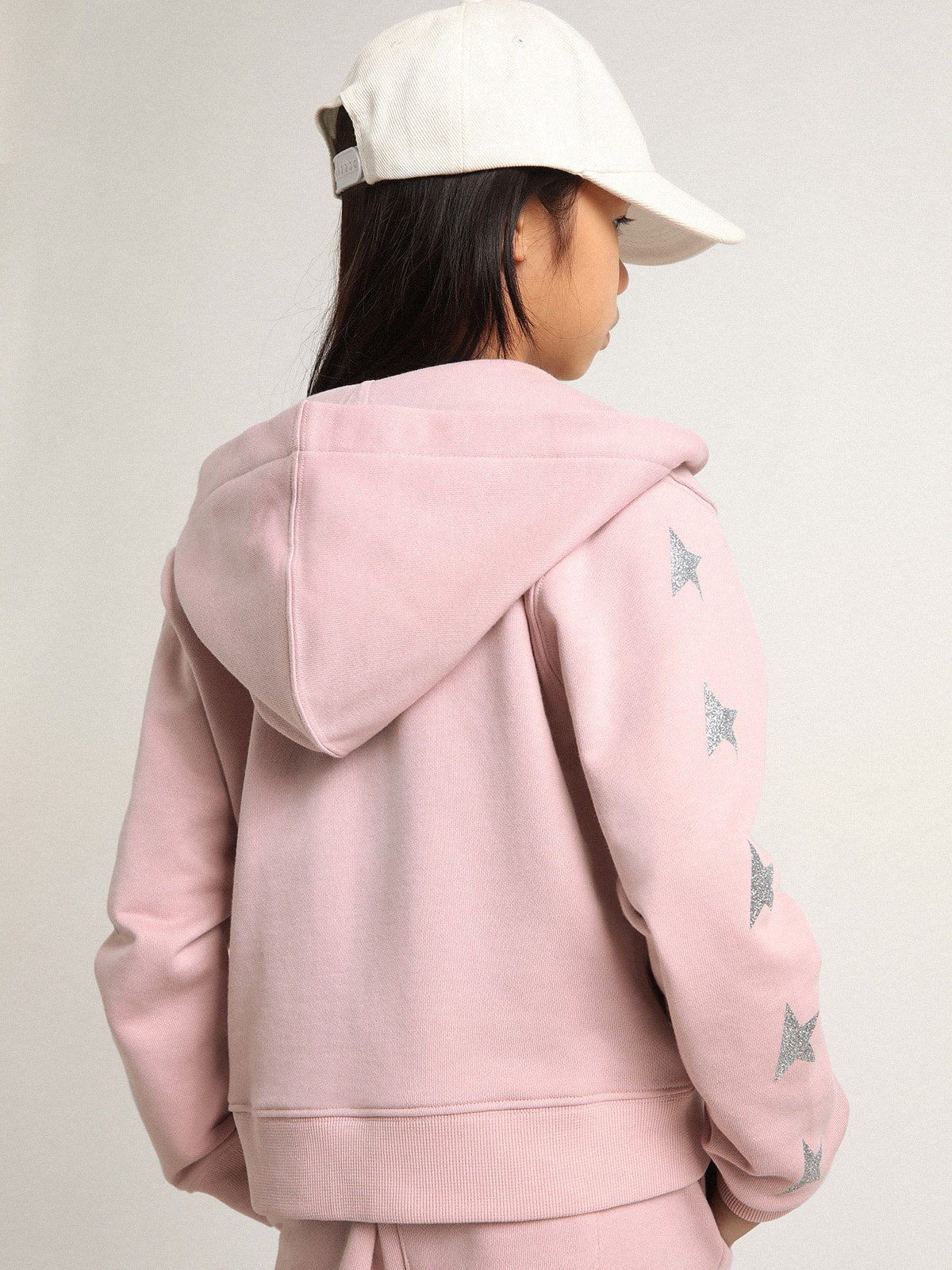 Pink sweatshirt with hood and silver glitter stars - Golden Goose Kids