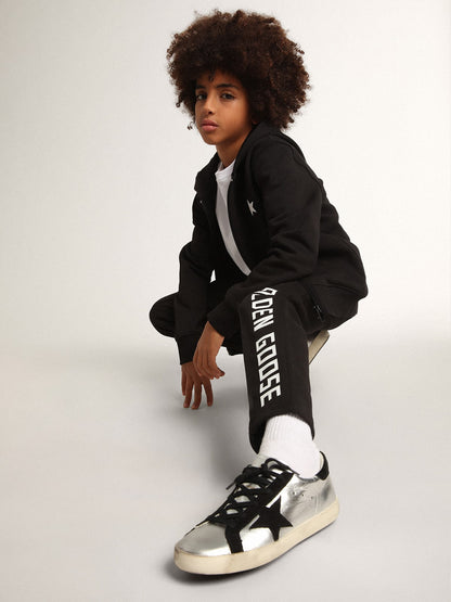 Black hooded sweatshirt with contrasting white star and logo - Golden Goose Kids