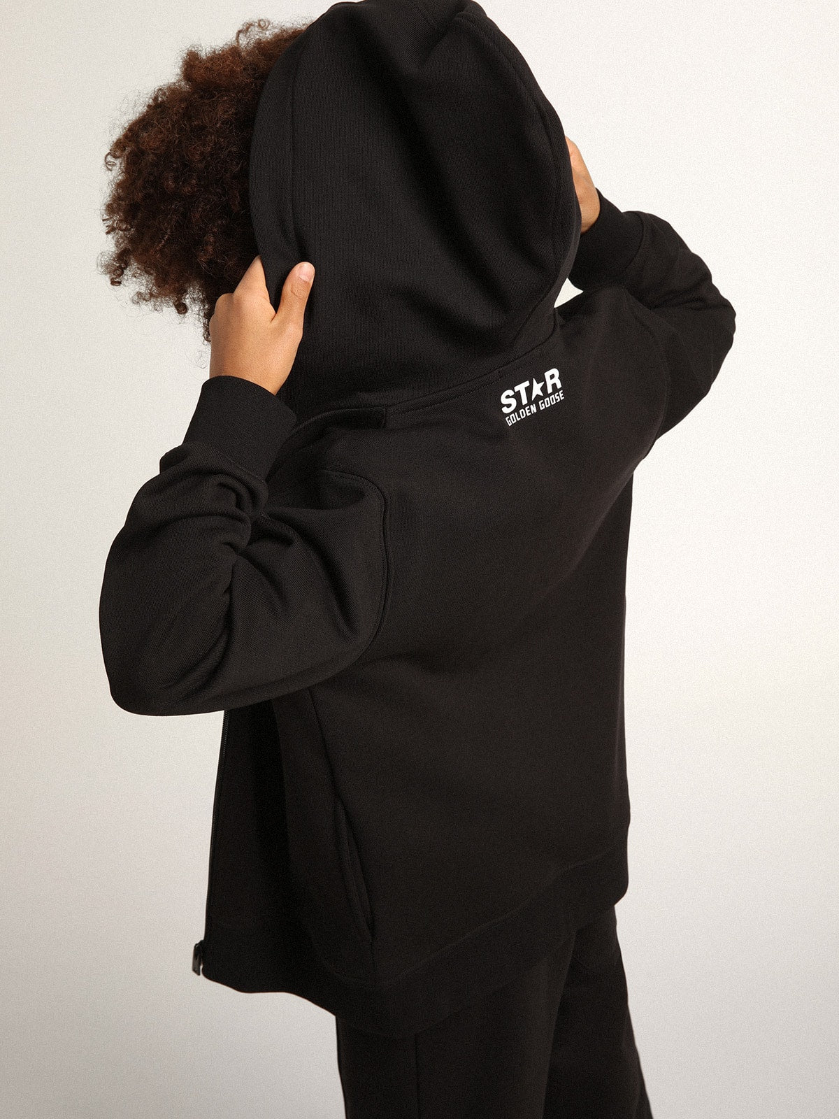 Black hooded sweatshirt with contrasting white star and logo - Golden Goose Kids
