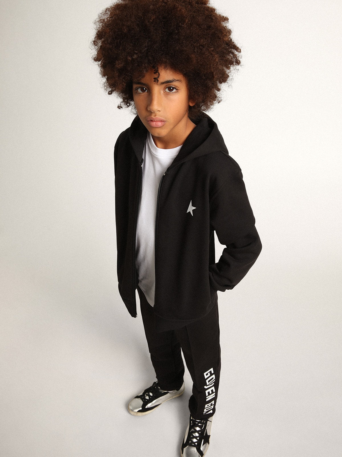 Black hooded sweatshirt with contrasting white star and logo - Golden Goose Kids
