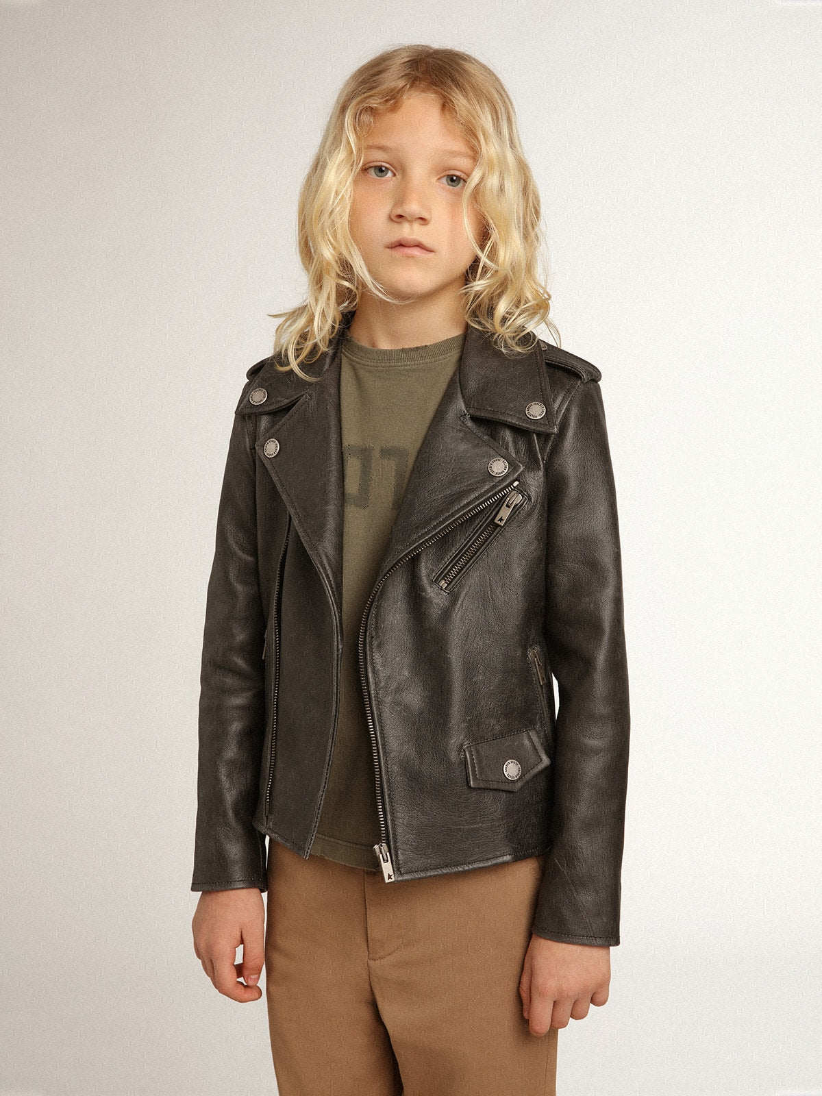 Boys’ biker jacket in distressed leather - Golden Goose Kids