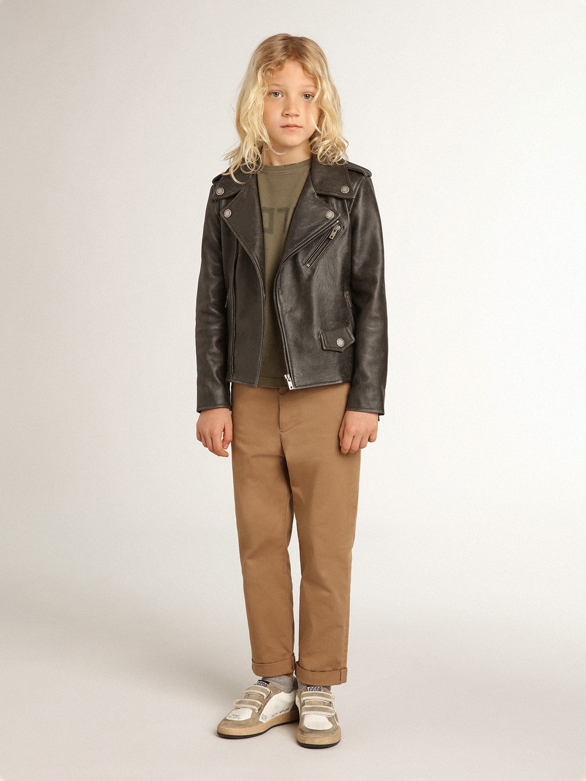 Boys’ biker jacket in distressed leather - Golden Goose Kids