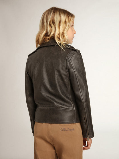 Boys’ biker jacket in distressed leather - Golden Goose Kids