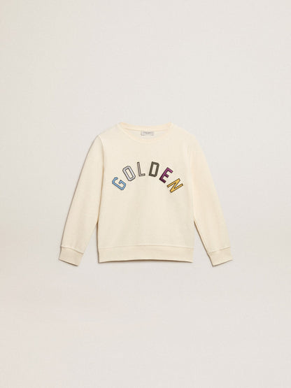 Sweatshirt in aged white with multicolor Golden lettering on the front - Golden Goose Kids