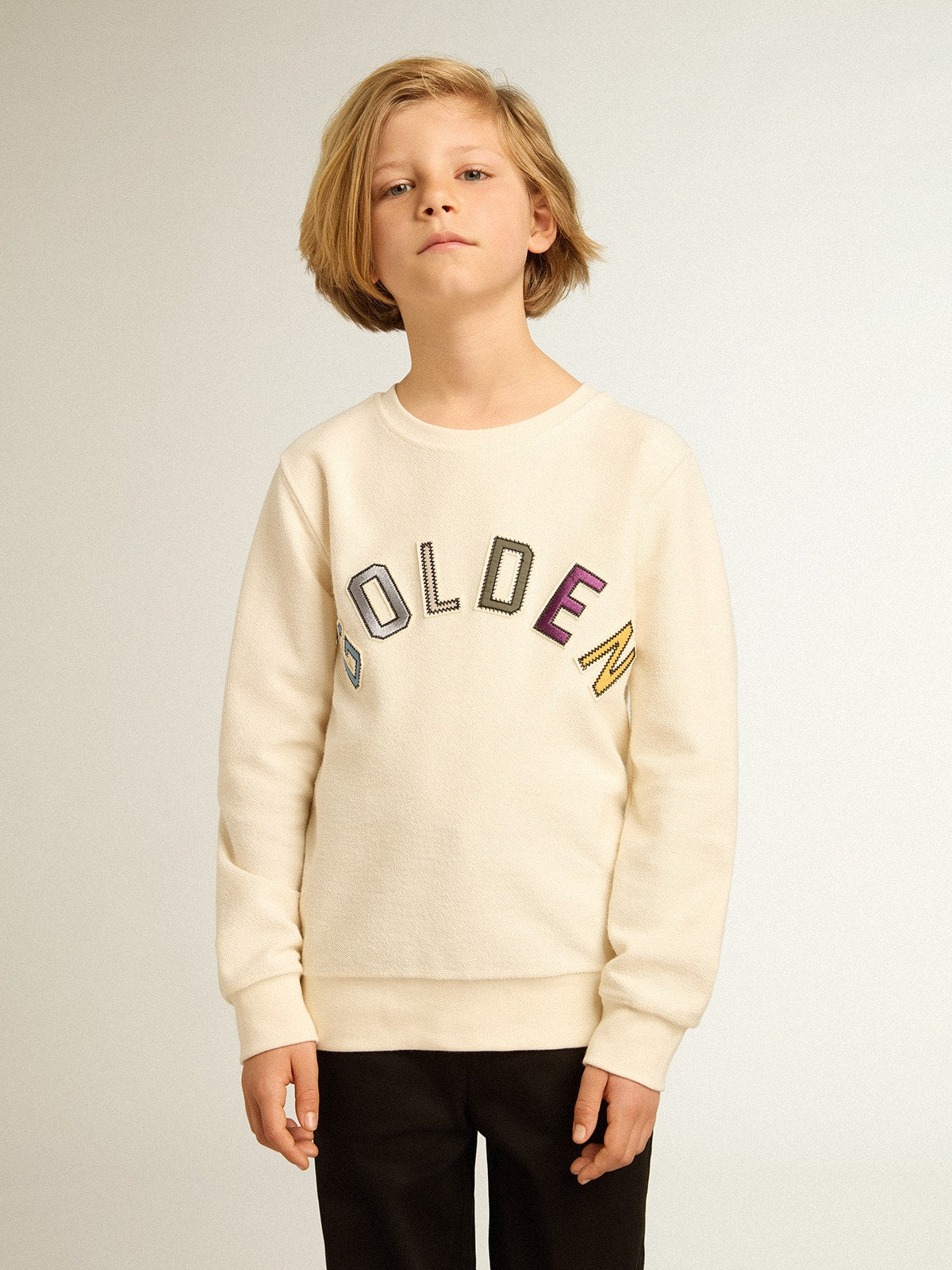 Sweatshirt in aged white with multicolor Golden lettering on the front - Golden Goose Kids