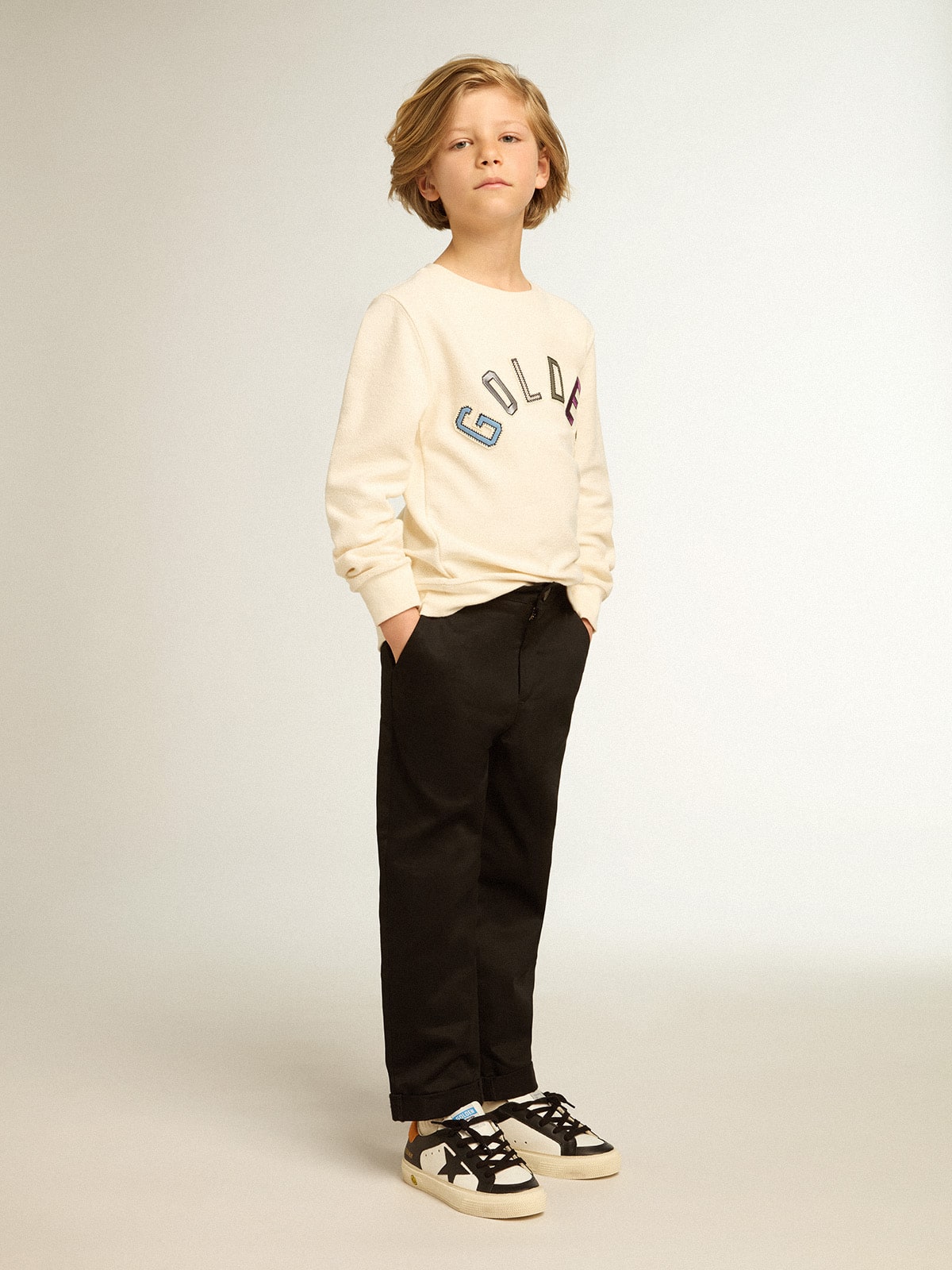 Sweatshirt in aged white with multicolor Golden lettering on the front - Golden Goose Kids