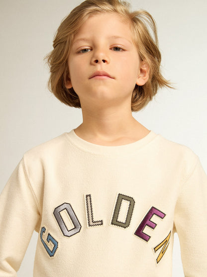 Sweatshirt in aged white with multicolor Golden lettering on the front - Golden Goose Kids