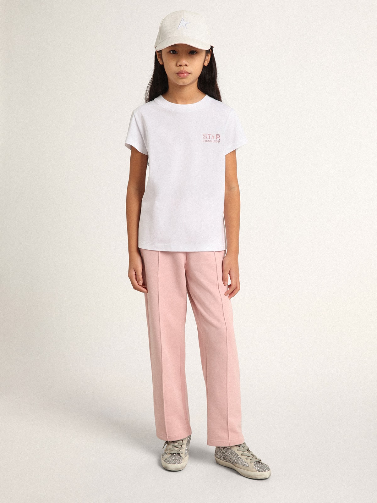 Girls’ white T-shirt with pink glitter logo and maxi star - Golden Goose Kids