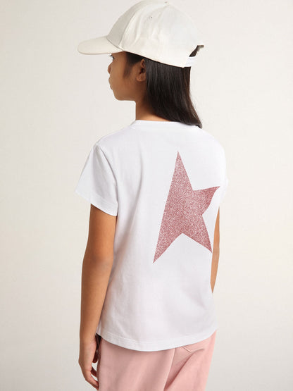 Girls’ white T-shirt with pink glitter logo and maxi star - Golden Goose Kids