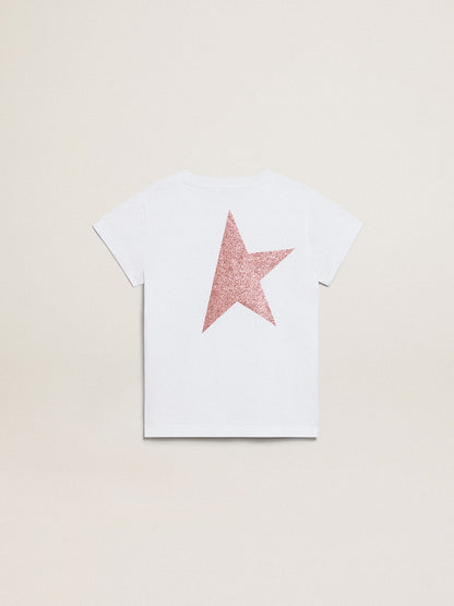 Girls’ white T-shirt with pink glitter logo and maxi star - Golden Goose Kids