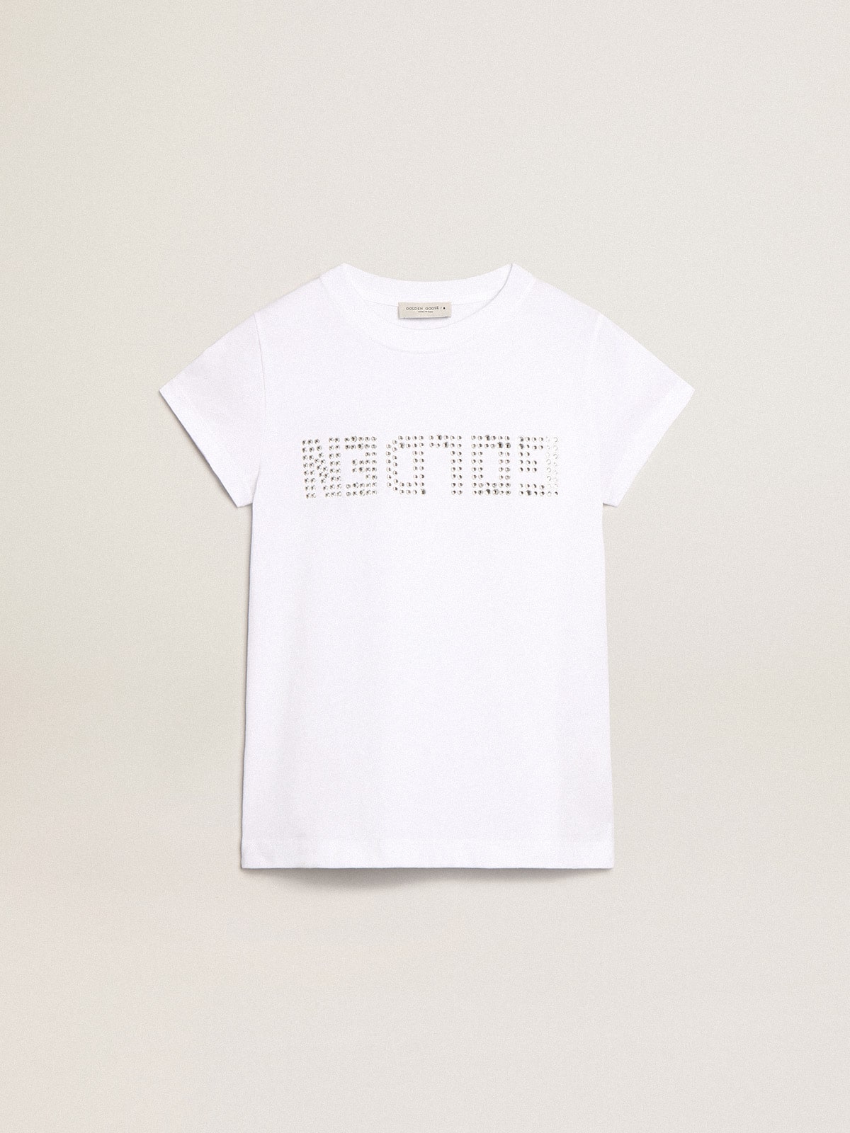 White T-shirt with central Golden lettering in crystals - Golden Goose Kids