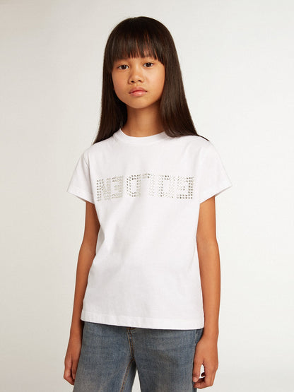 White T-shirt with central Golden lettering in crystals - Golden Goose Kids