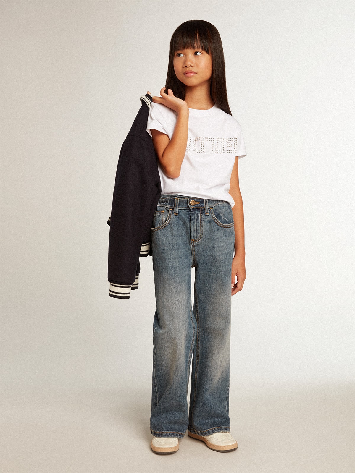 White T-shirt with central Golden lettering in crystals - Golden Goose Kids