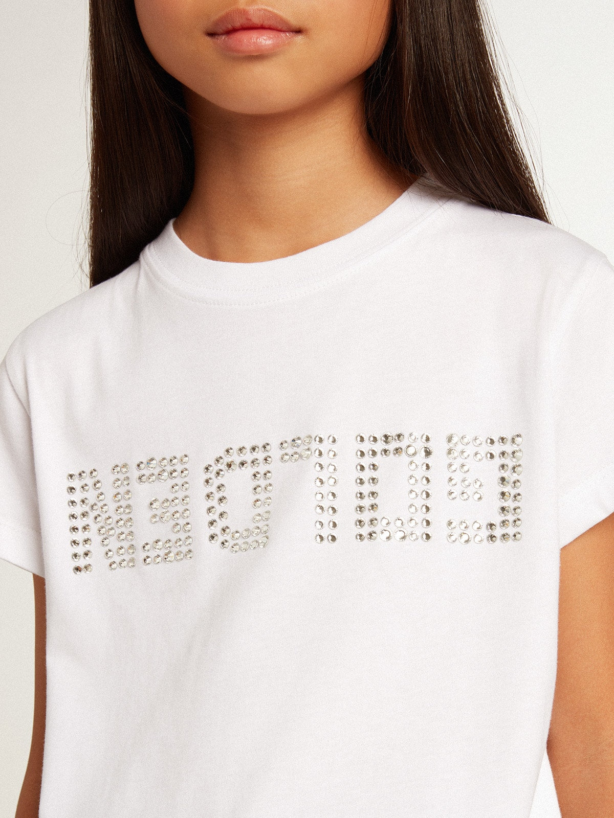 White T-shirt with central Golden lettering in crystals - Golden Goose Kids
