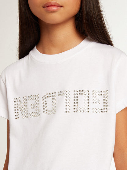 White T-shirt with central Golden lettering in crystals - Golden Goose Kids
