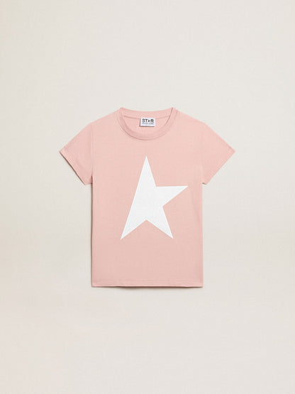 Girls’ pink T-shirt with white logo and maxi star - Golden Goose Kids