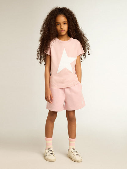 Girls’ pink T-shirt with white logo and maxi star - Golden Goose Kids