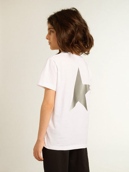 Girls’ white T-shirt with contrasting silver logo and star - Golden Goose Kids