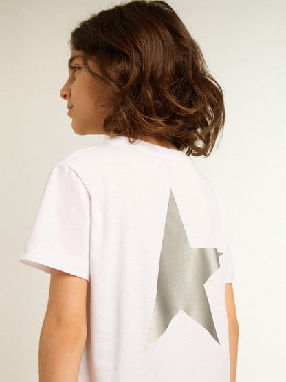 Girls’ white T-shirt with contrasting silver logo and star - Golden Goose Kids