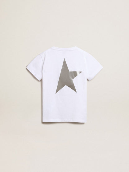 Girls’ white T-shirt with contrasting silver logo and star - Golden Goose Kids