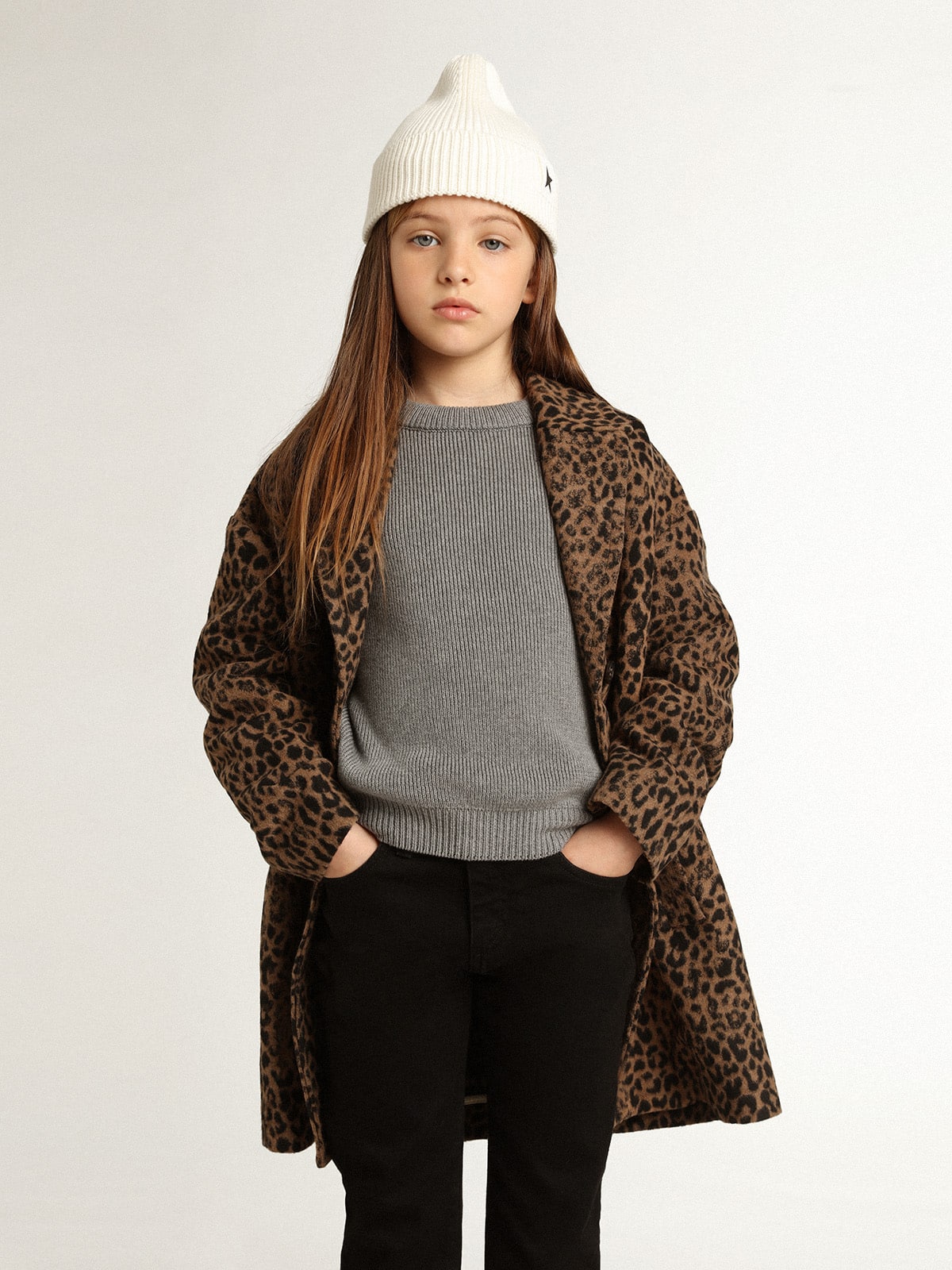 Girls’ single-breasted coat in wool with jacquard animal print - Golden Goose Kids