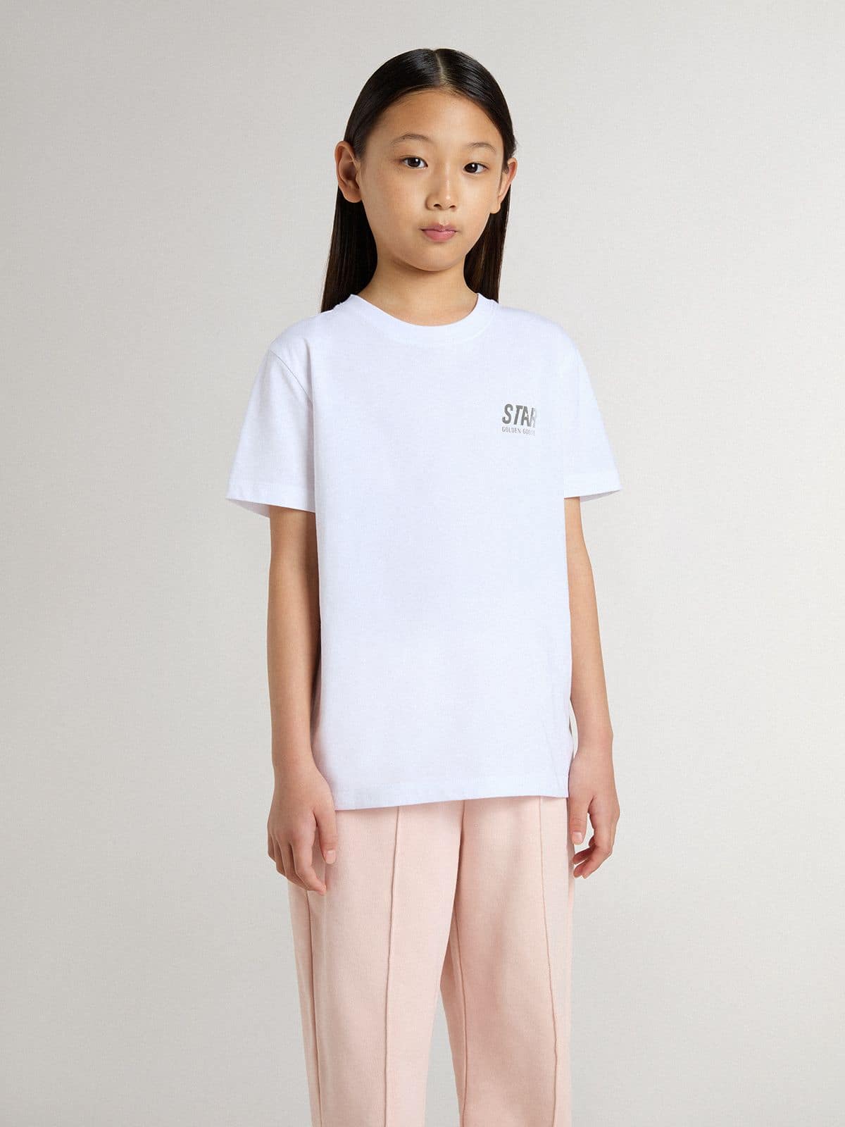 Kids’ white cotton T-shirt with silver print - Golden Goose Kids