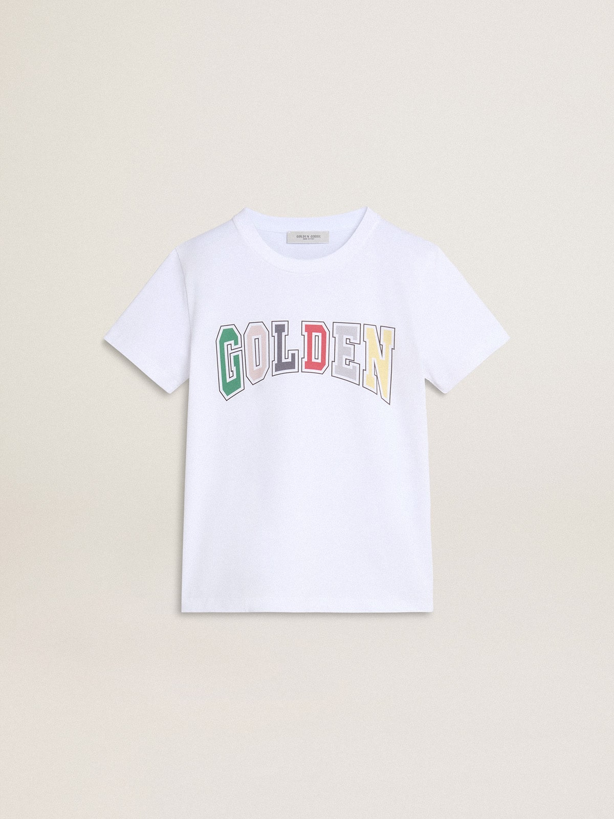 Boys' white T-shirt with multicolored Golden print - Golden Goose Kids