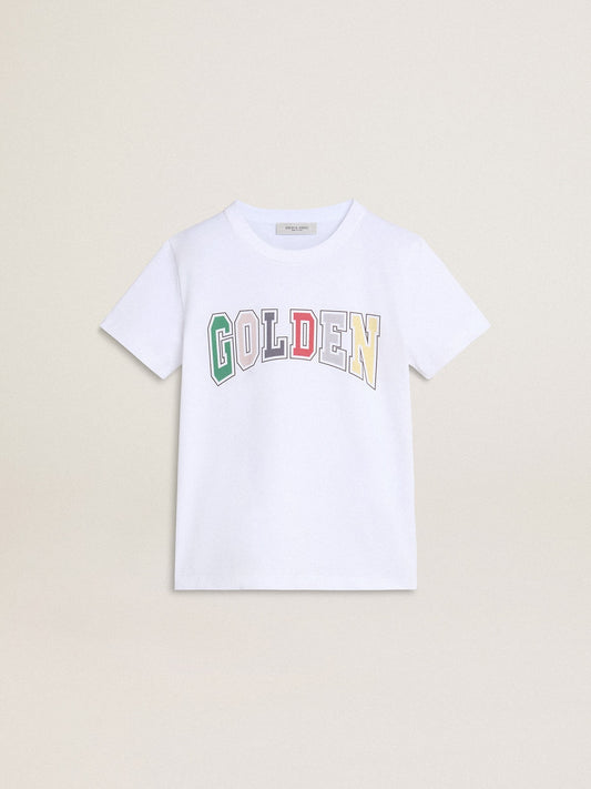 Boys' white T-shirt with multicolored Golden print - Golden Goose Kids