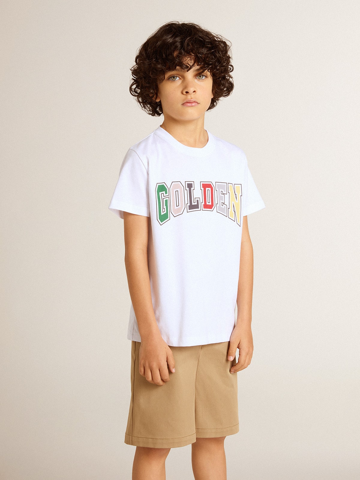 Boys' white T-shirt with multicolored Golden print - Golden Goose Kids
