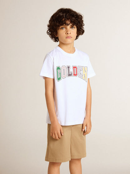 Boys' white T-shirt with multicolored Golden print - Golden Goose Kids