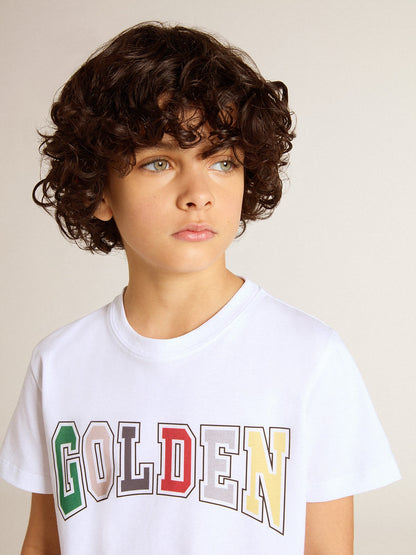 Boys' white T-shirt with multicolored Golden print - Golden Goose Kids