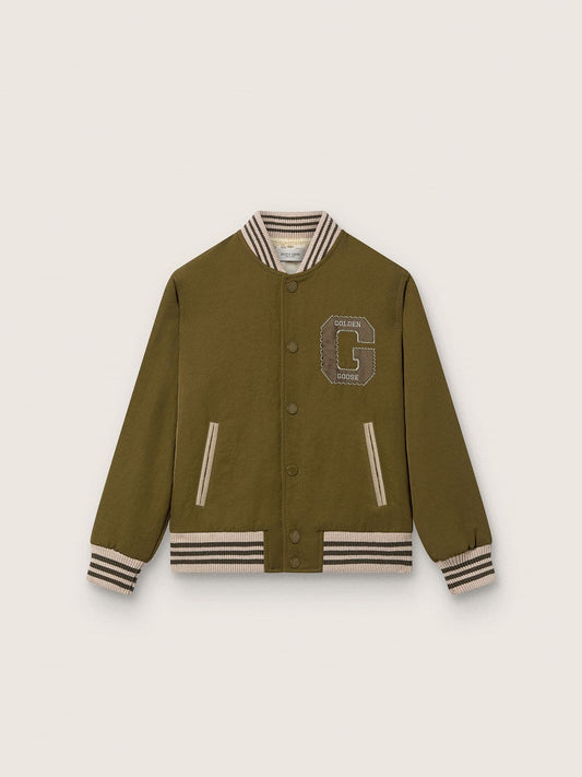 Journey unisex bomber jacket in military-green nylon twill with embroidered patch - Golden Goose Kids