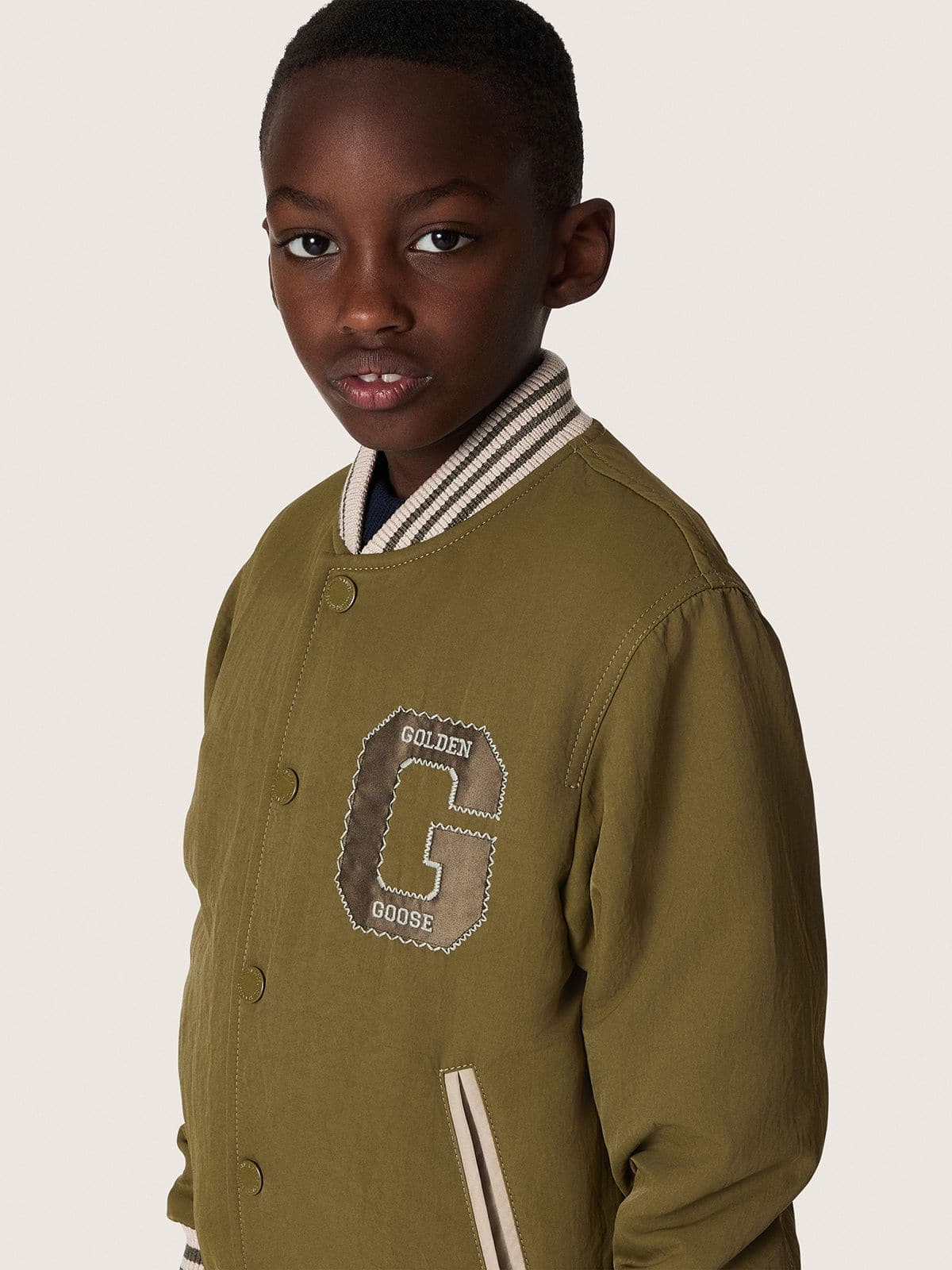 Journey unisex bomber jacket in military-green nylon twill with embroidered patch - Golden Goose Kids