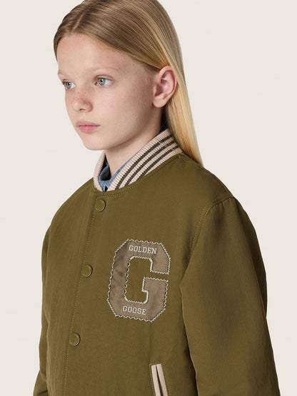 Journey unisex bomber jacket in military-green nylon twill with embroidered patch - Golden Goose Kids