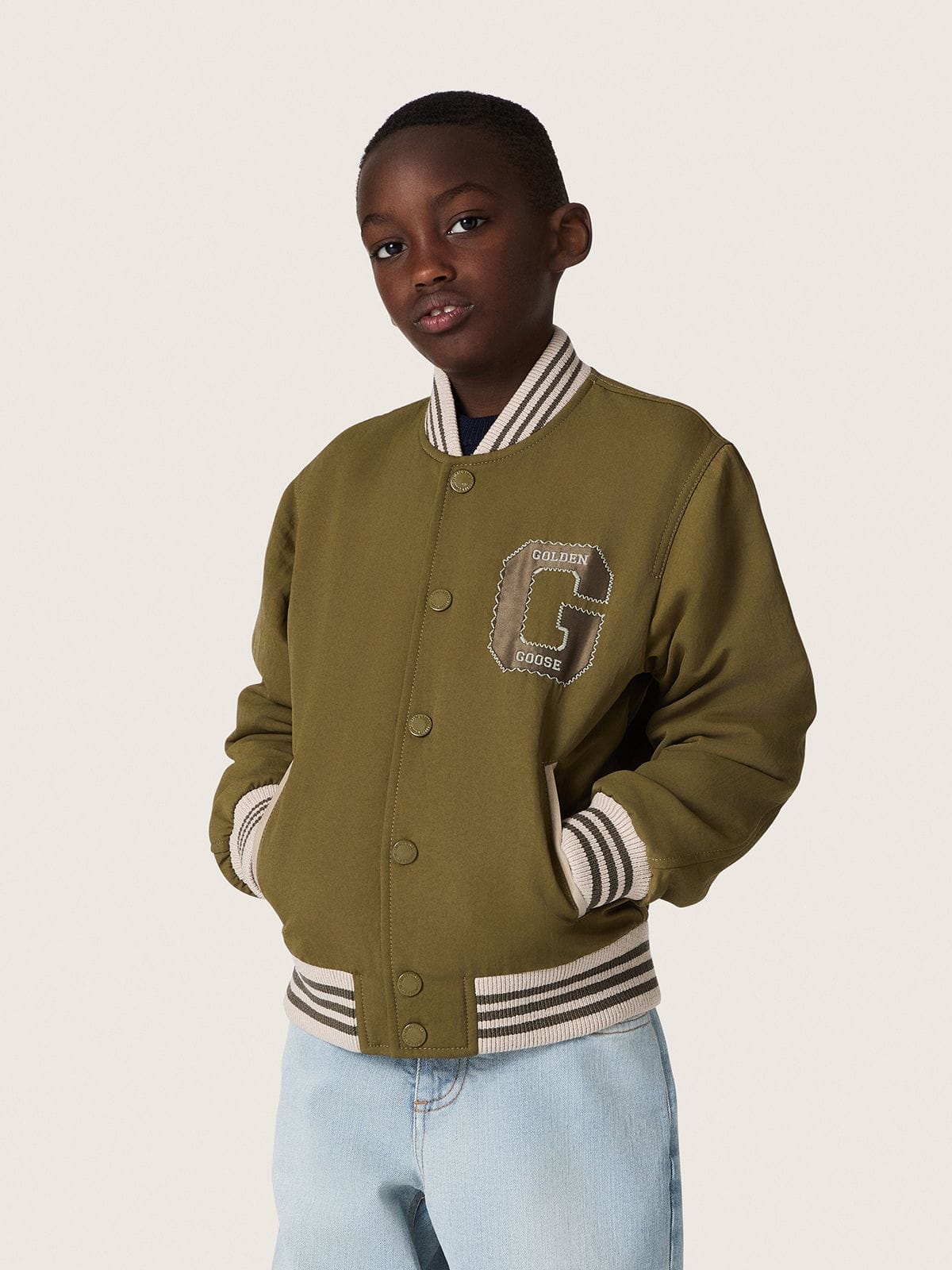 Journey unisex bomber jacket in military-green nylon twill with embroidered patch - Golden Goose Kids