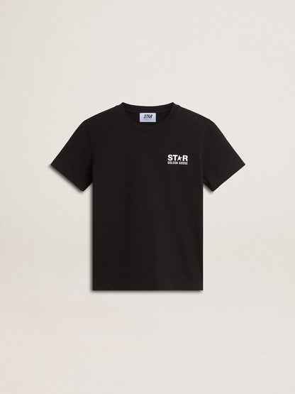 Black T-shirt with contrasting white logo on the front and maxi star on the back - Golden Goose Kids