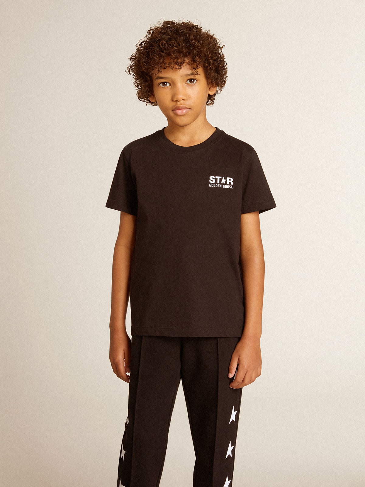 Black T-shirt with contrasting white logo on the front and maxi star on the back - Golden Goose Kids