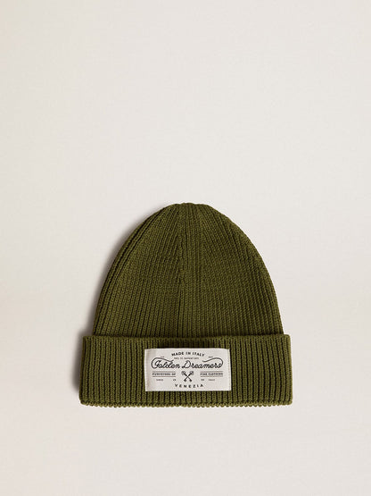 Military-green cotton beanie with appliqué label on the front - Golden Goose Kids