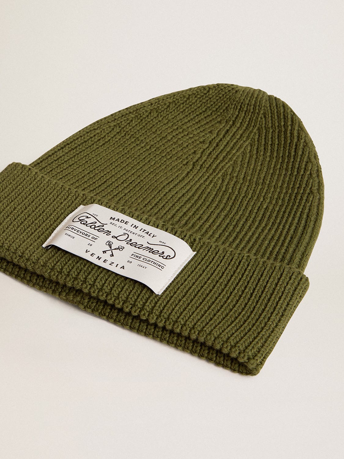 Military-green cotton beanie with appliqué label on the front - Golden Goose Kids