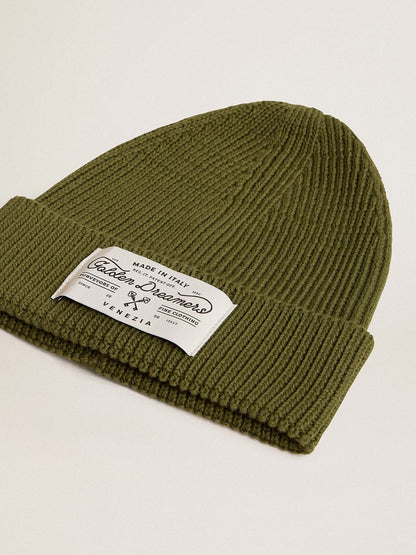 Military-green cotton beanie with appliqué label on the front - Golden Goose Kids