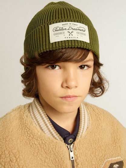 Military-green cotton beanie with appliqué label on the front - Golden Goose Kids