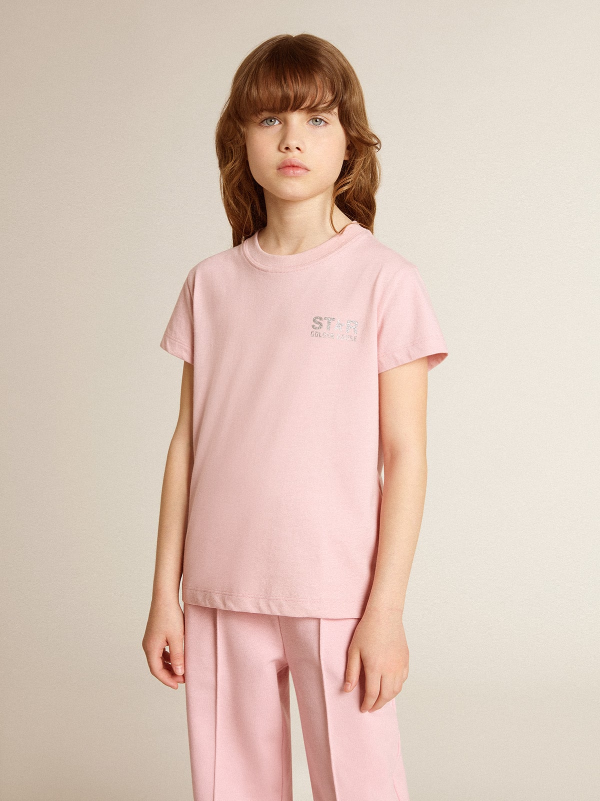 Girls' pink T-shirt with silver glitter logo and maxi star - Golden Goose Kids