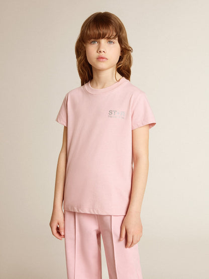 Girls' pink T-shirt with silver glitter logo and maxi star - Golden Goose Kids